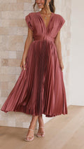 Women's Pleated V-Neck Midi Dress Wedding Guest 2