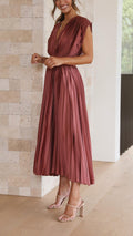 Women's Pleated V-Neck Midi Dress Wedding Guest 5