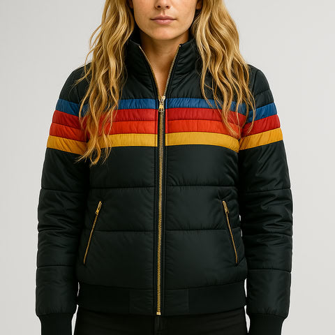 Striped Hooded Quilted Puffer Jacket for Women