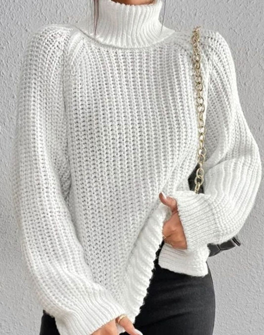 Women's Chunky Roll Neck Jumper, Ribbed Balloon Sleeves