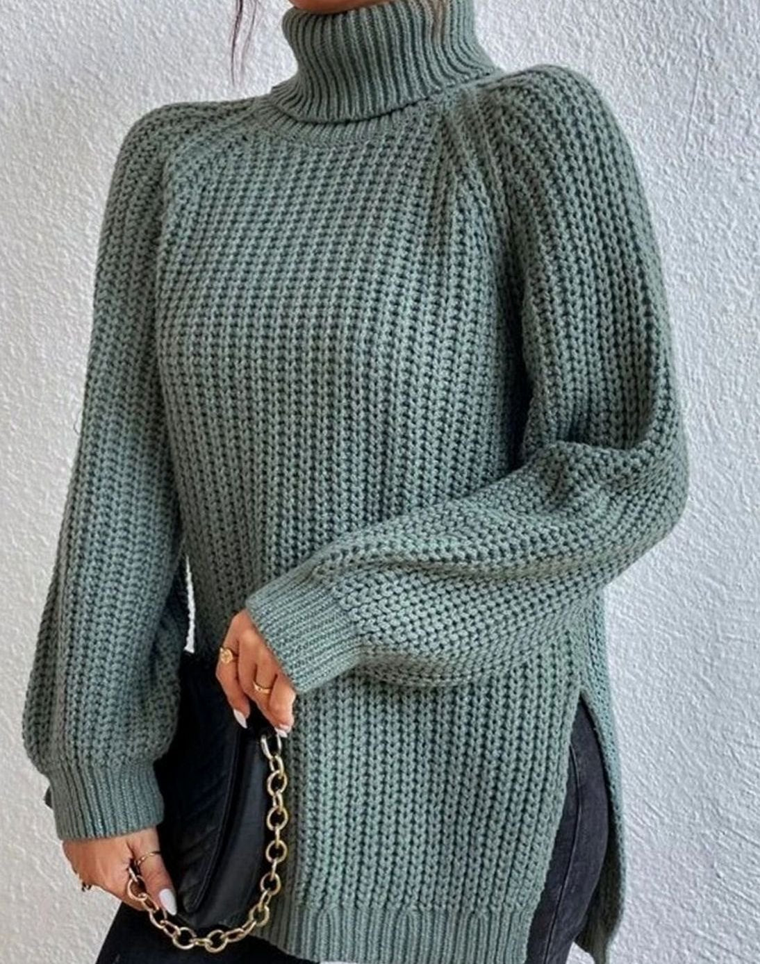 Women's Chunky Roll Neck Jumper, Ribbed Balloon Sleeves