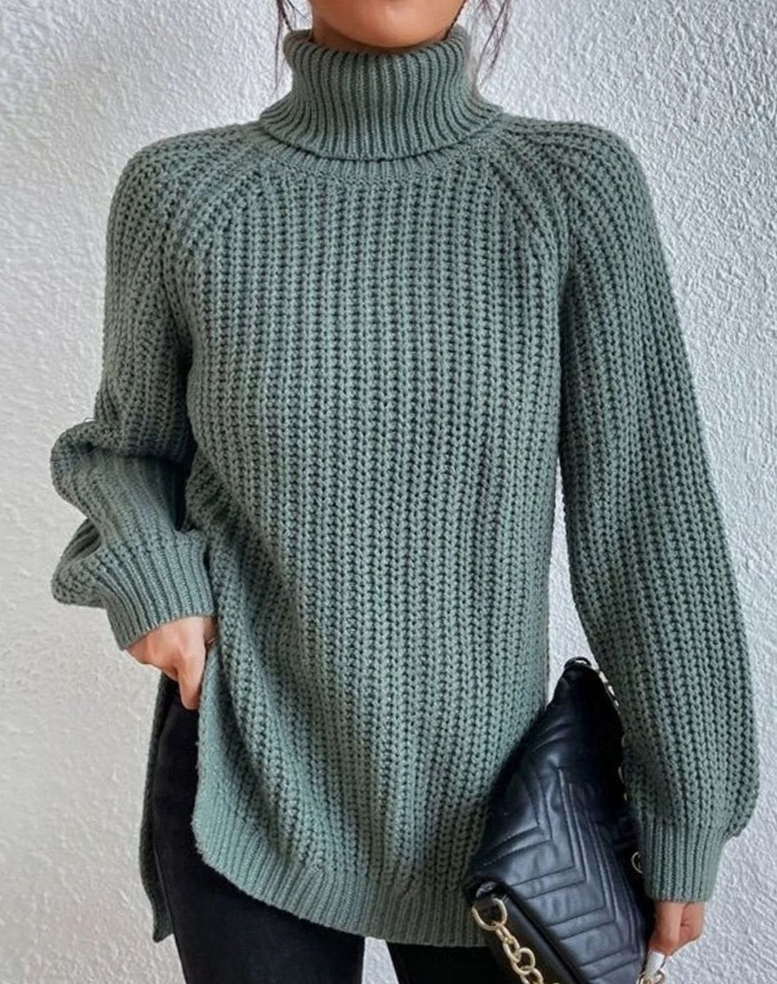 Women's Chunky Roll Neck Jumper, Ribbed Balloon Sleeves