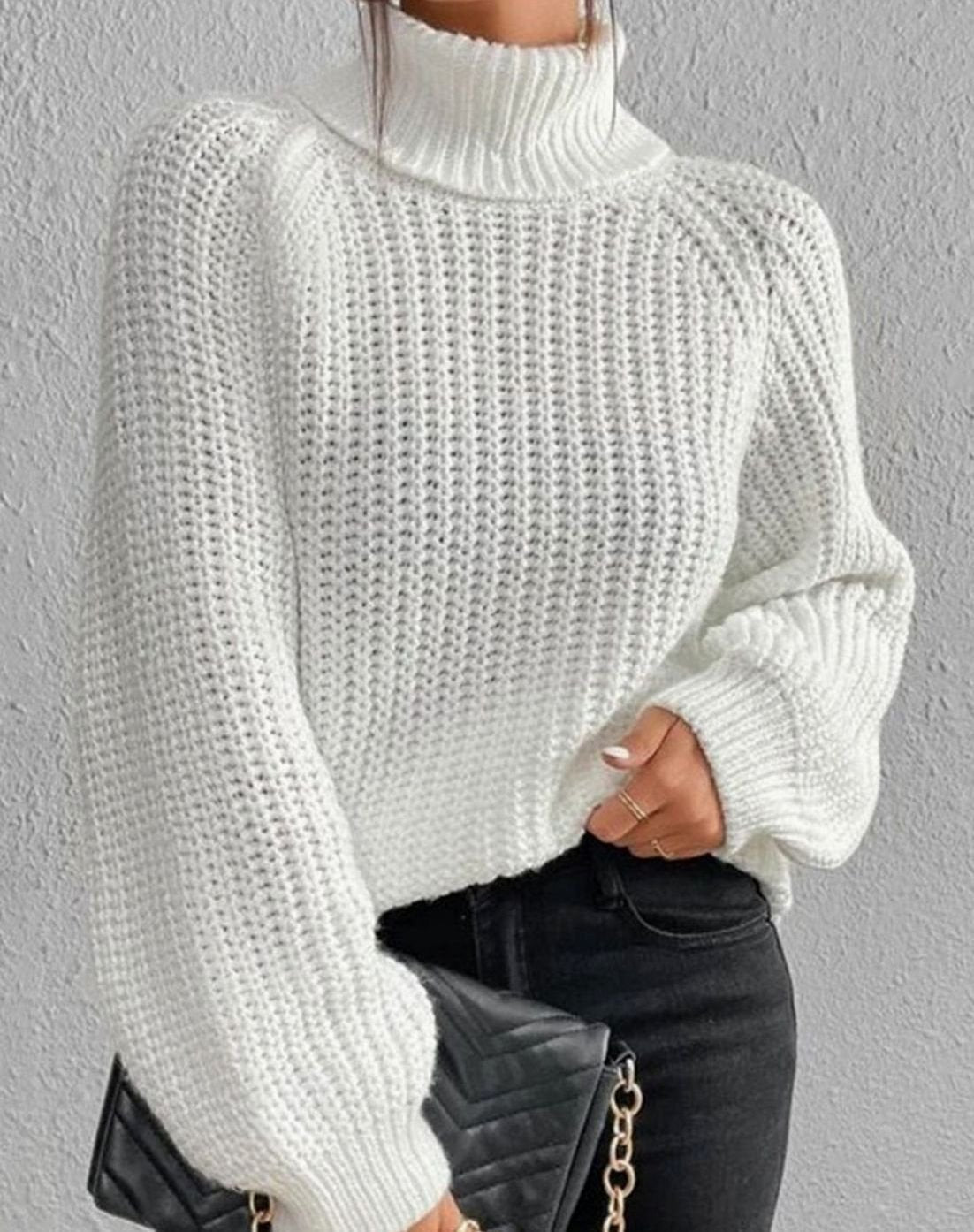 Women's Chunky Roll Neck Jumper, Ribbed Balloon Sleeves