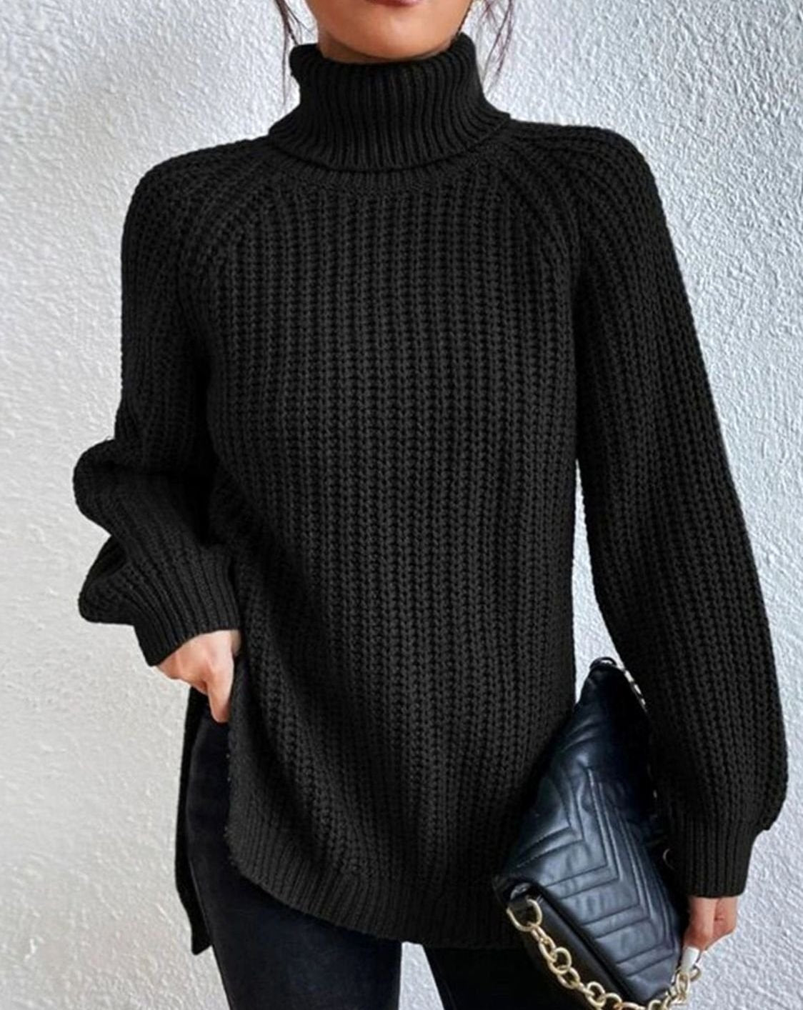 Women's Chunky Roll Neck Jumper, Ribbed Balloon Sleeves