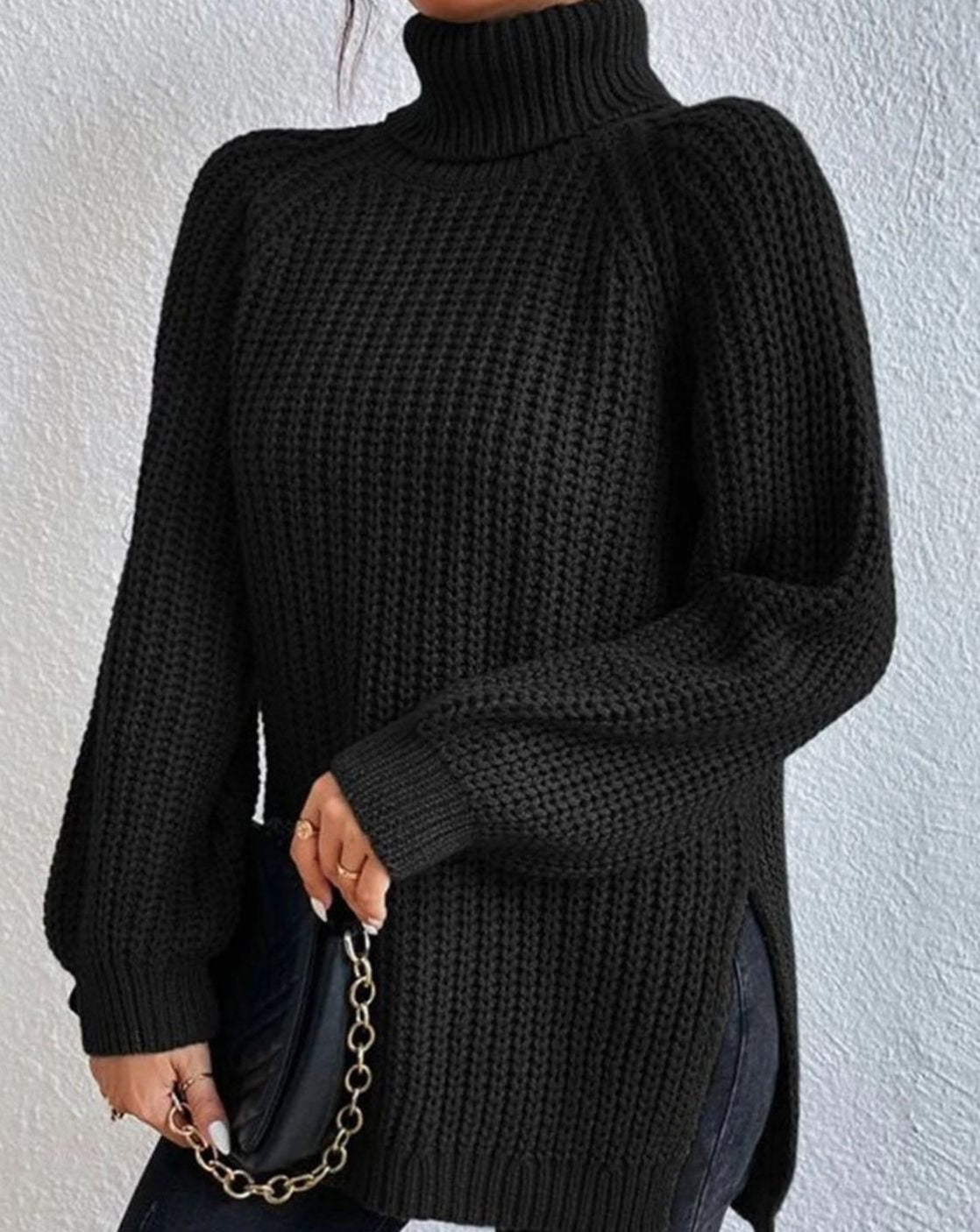 Women's Chunky Roll Neck Jumper, Ribbed Balloon Sleeves