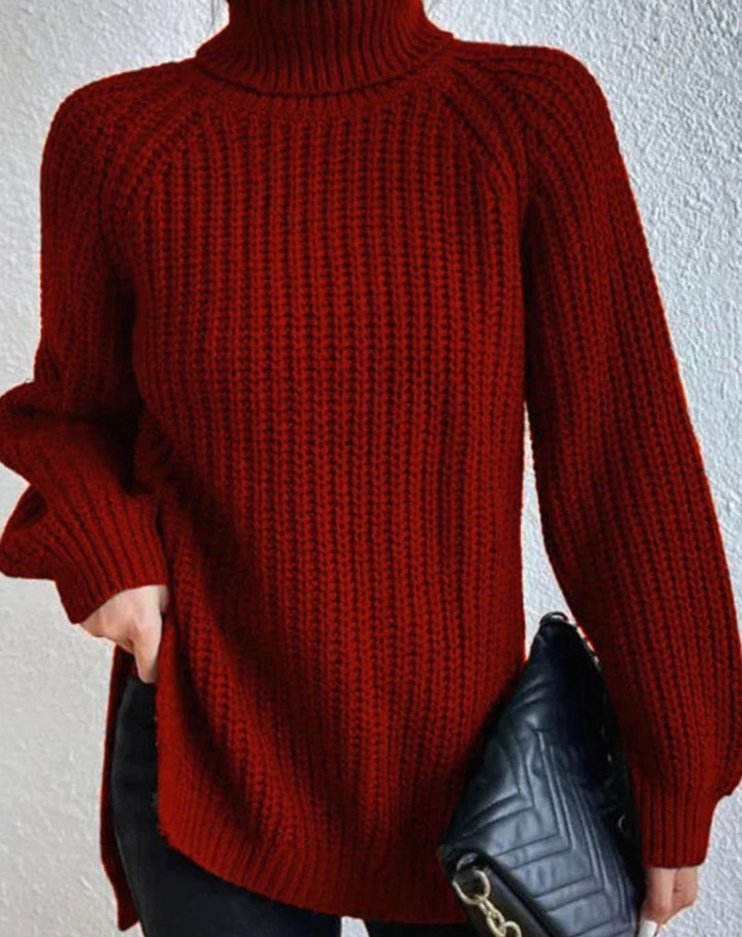 Women's Chunky Roll Neck Jumper, Ribbed Balloon Sleeves