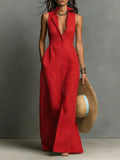 Women's Sleeveless Linen Button-Front Maxi Dress with Collar 1