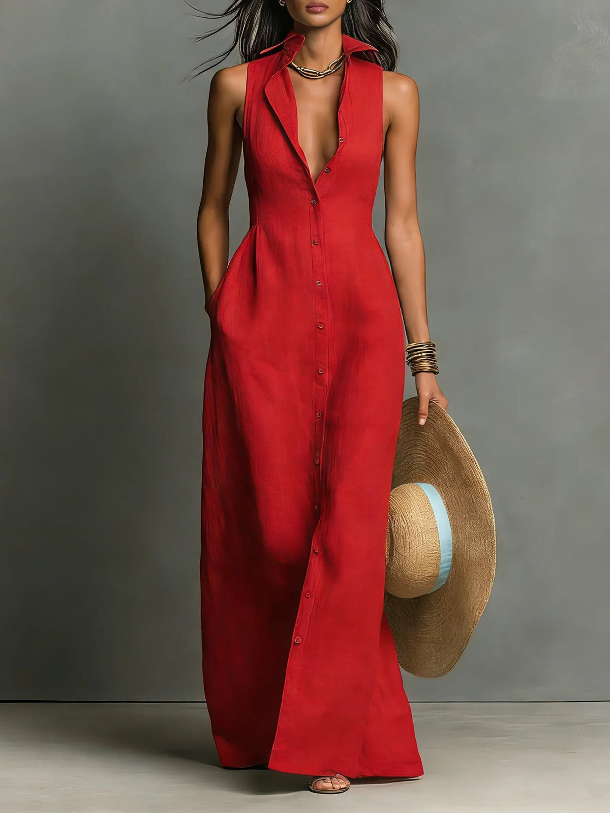 Women's Sleeveless Linen Button-Front Maxi Dress with Collar
