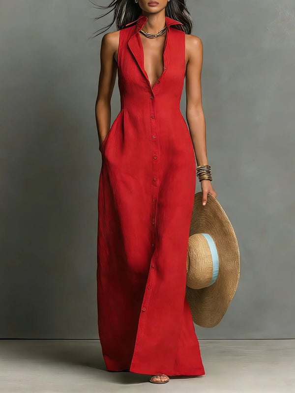 Women's Sleeveless Linen Button-Front Maxi Dress with Collar