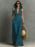 Women's Sleeveless Linen Button-Front Maxi Dress with Collar 3
