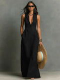 Women's Sleeveless Linen Button-Front Maxi Dress with Collar 4