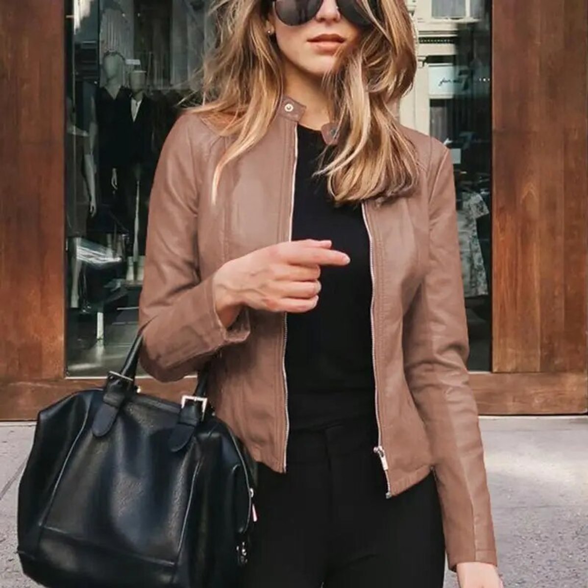 Faux Leather Moto Jacket for Women, Band Collar