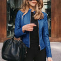Faux Leather Moto Jacket for Women, Band Collar 3
