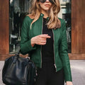 Faux Leather Moto Jacket for Women, Band Collar 4