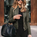 Faux Leather Moto Jacket for Women, Band Collar 5