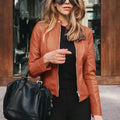 Faux Leather Moto Jacket for Women, Band Collar 6