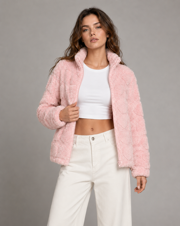 Pink Heart Teddy Fleece Jacket for Women