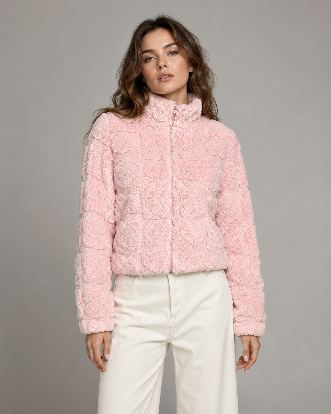 Pink Heart Teddy Fleece Jacket for Women