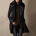 Sleek Black Leather Jacket with Shearling Collar and Belted Cuffs for Women 1