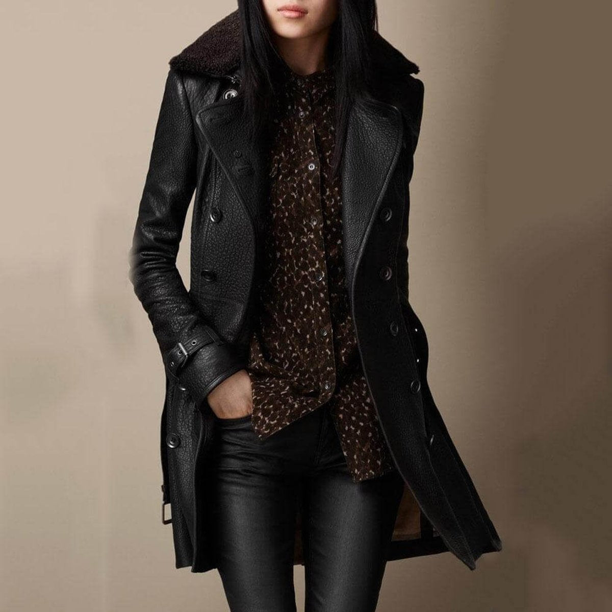Sleek Black Leather Jacket with Shearling Collar and Belted Cuffs for Women