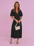 Women's Midi Dress V-Neck Puff Sleeve Smocked Waist 1