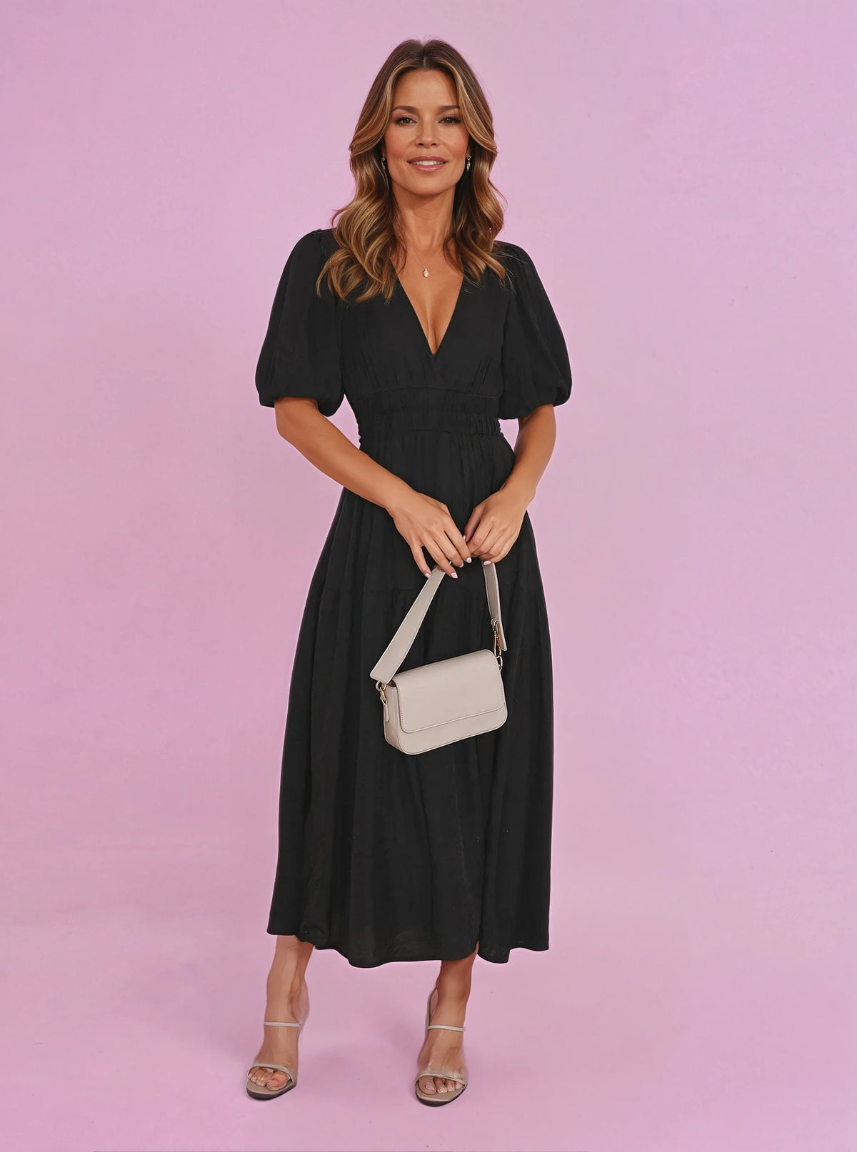 Women's Midi Dress V-Neck Puff Sleeve Smocked Waist