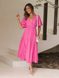Women's Midi Dress V-Neck Puff Sleeve Smocked Waist 2