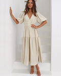 Women's Midi Dress V-Neck Puff Sleeve Smocked Waist 3