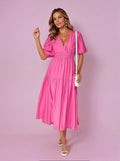 Women's Midi Dress V-Neck Puff Sleeve Smocked Waist 5