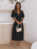 Women's Midi Dress V-Neck Puff Sleeve Smocked Waist 6