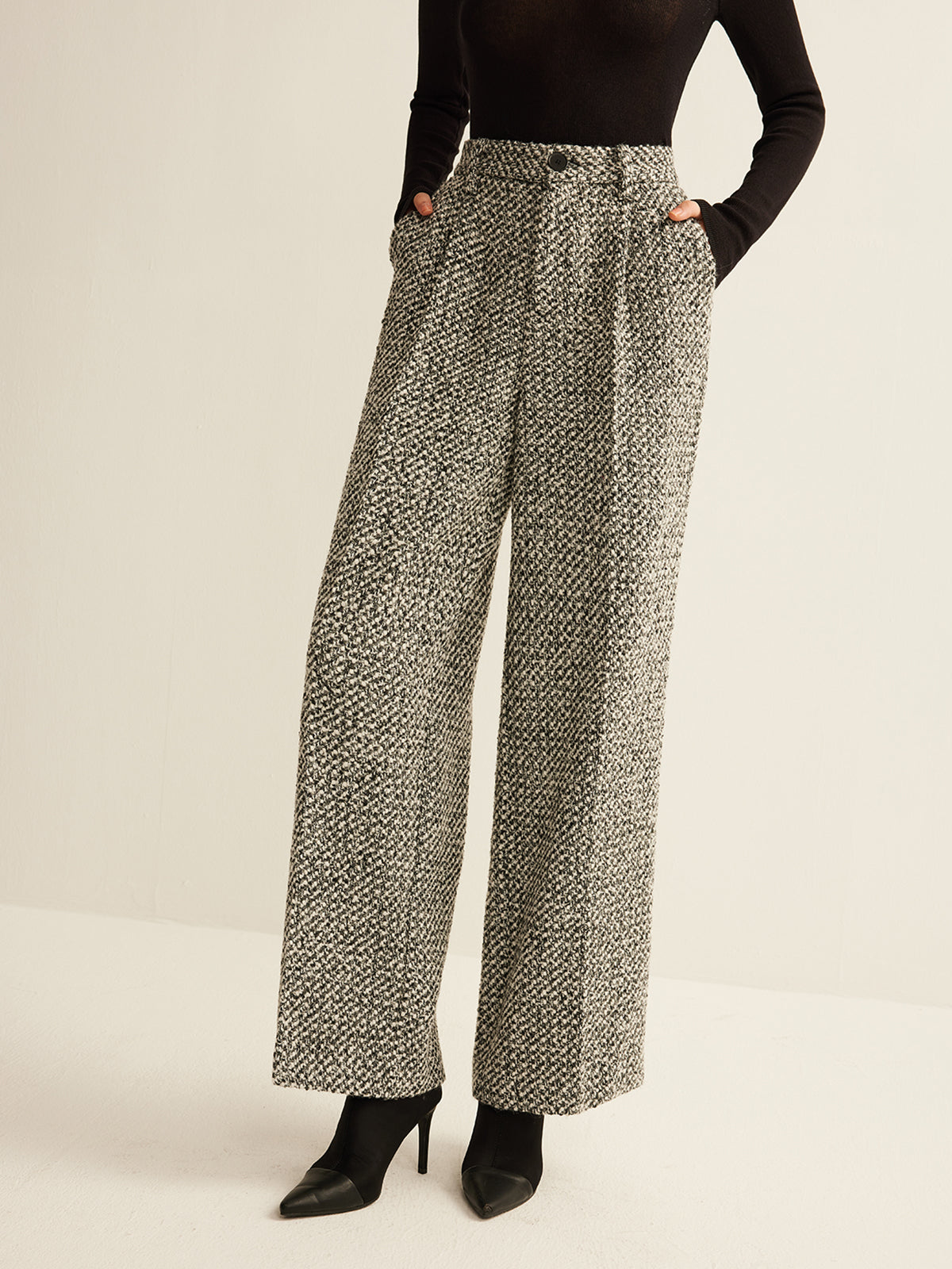 Women's Smart Trousers, High Waist Tweed Texture Straight Leg