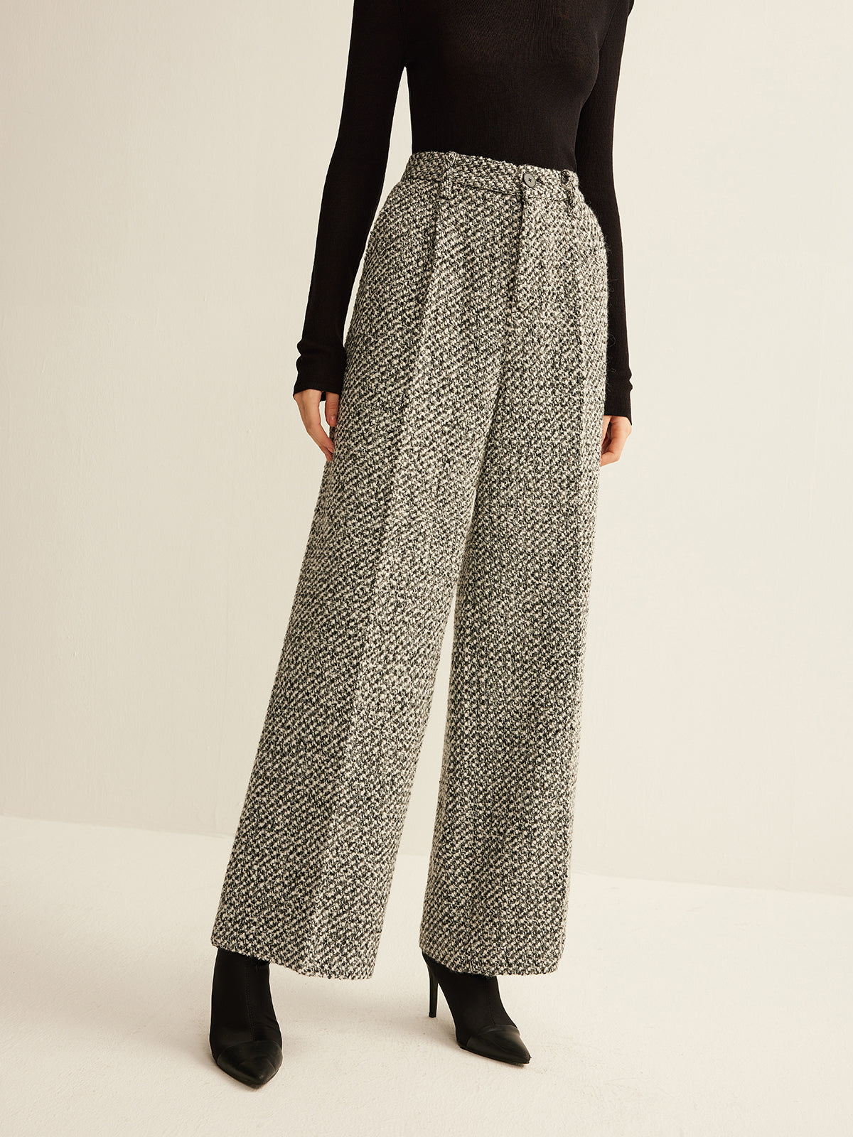 Women's Smart Trousers, High Waist Tweed Texture Straight Leg