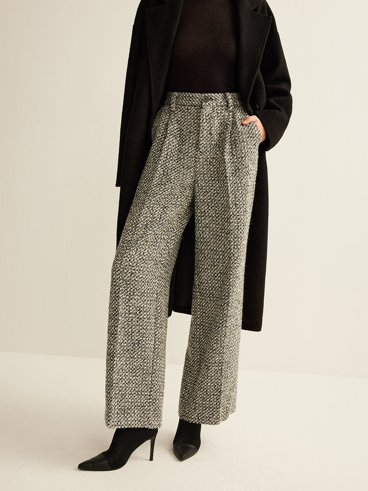 Women's Smart Trousers, High Waist Tweed Texture Straight Leg
